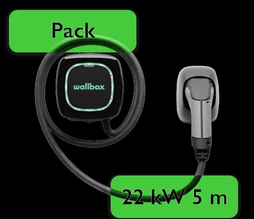 Borne murale Wallbox Pulsar Plus 22 kW avec son câble de 5 mètres et son support de prise