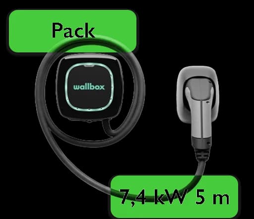 Borne murale Wallbox Pulsar Plus 7,4 kW avec son câble de 5 mètres et son support de prise
