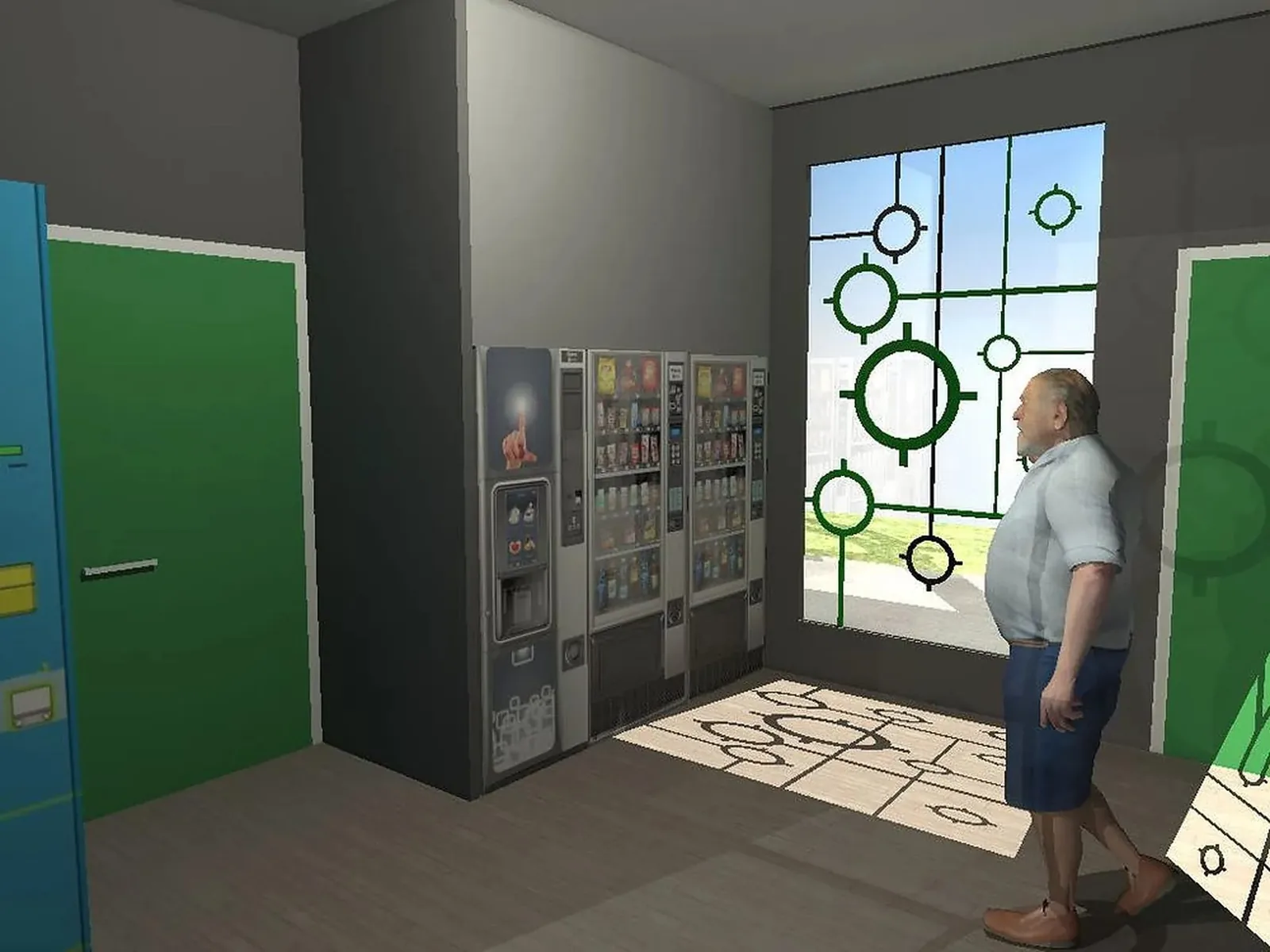 Rendu 3D de l'espace détente d'une station SEKAOP, avec distributeurs