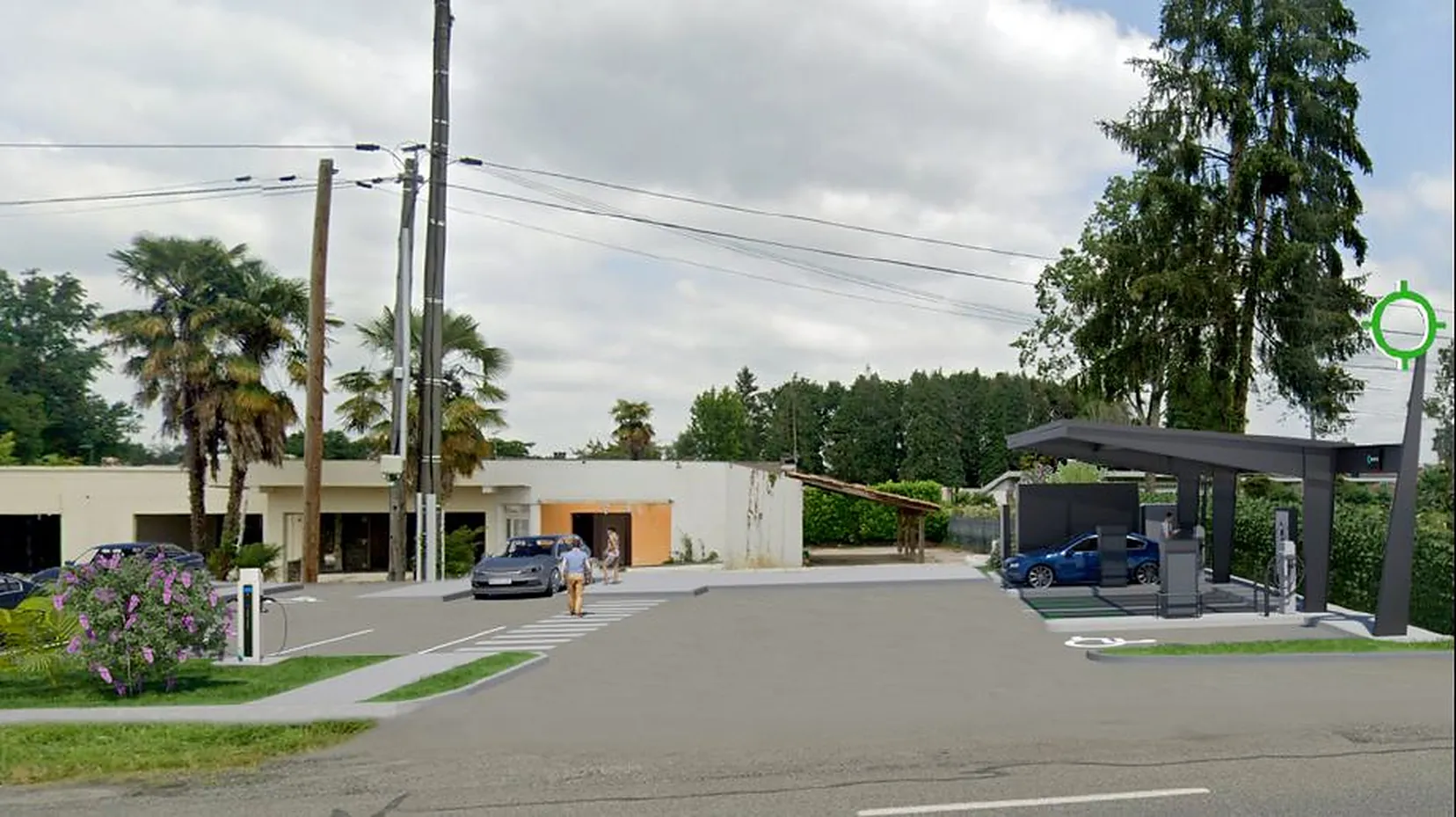 Photomontage d'une station SEKAOP installée en bord de route, à côté de commerces existants